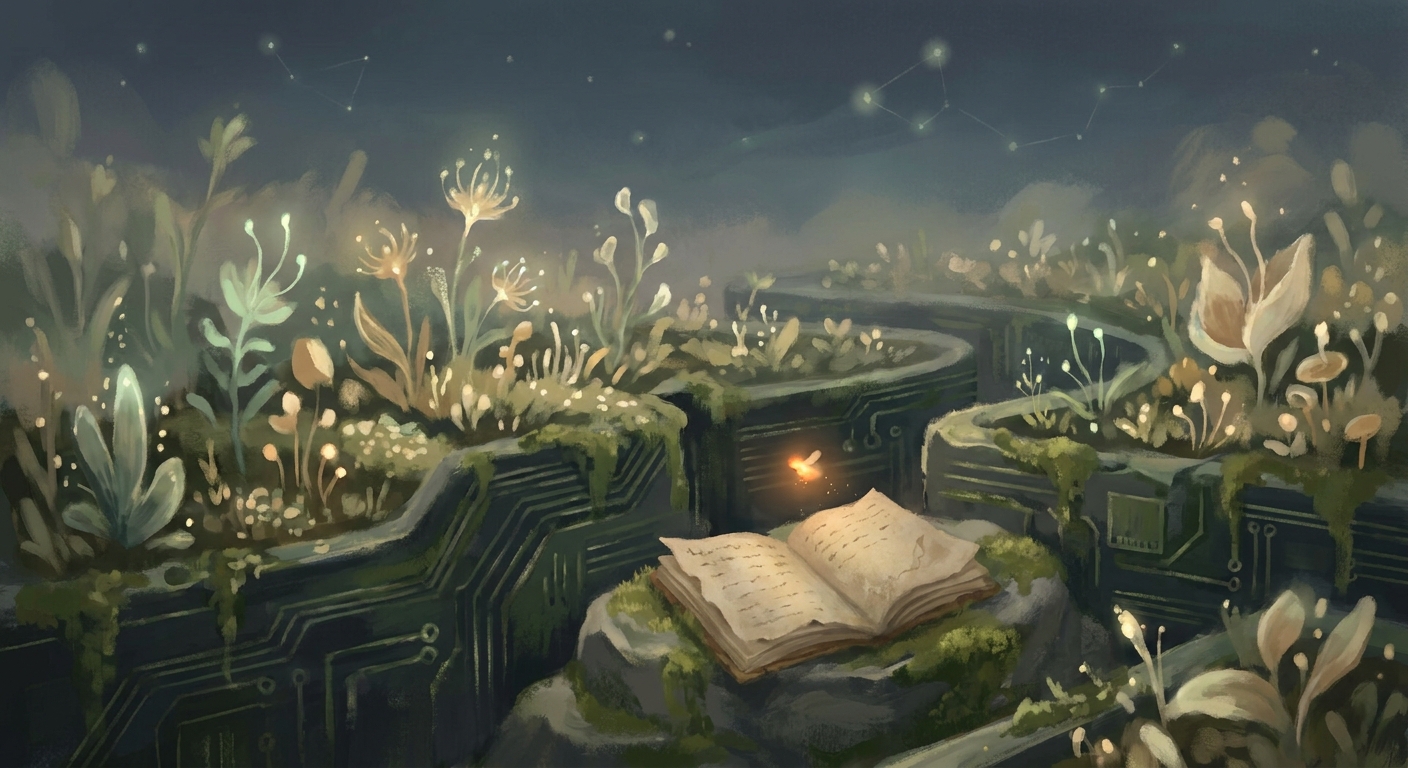 A bioluminescent garden growing out of circuit-board canyon walls, with a glowing open book at the bottom and a firefly of light hovering above it.